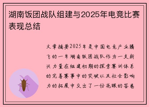 湖南饭团战队组建与2025年电竞比赛表现总结