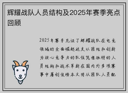 辉耀战队人员结构及2025年赛季亮点回顾