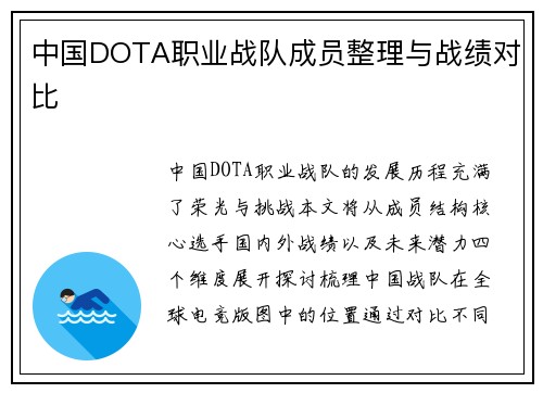 中国DOTA职业战队成员整理与战绩对比